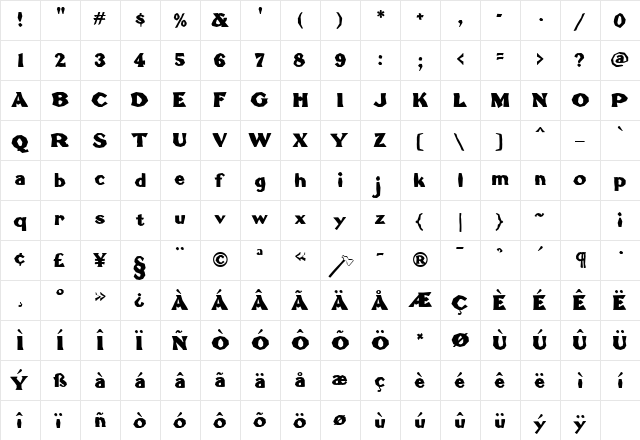 Tomahawk MF Regular  glyph index