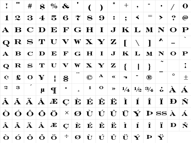 Engravers Becker Bold  glyph index