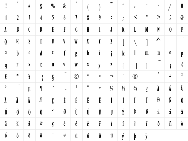 Vendome T Regular  glyph index