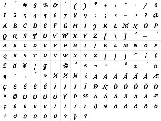 Biblon SC OT Bold Italic  glyph index