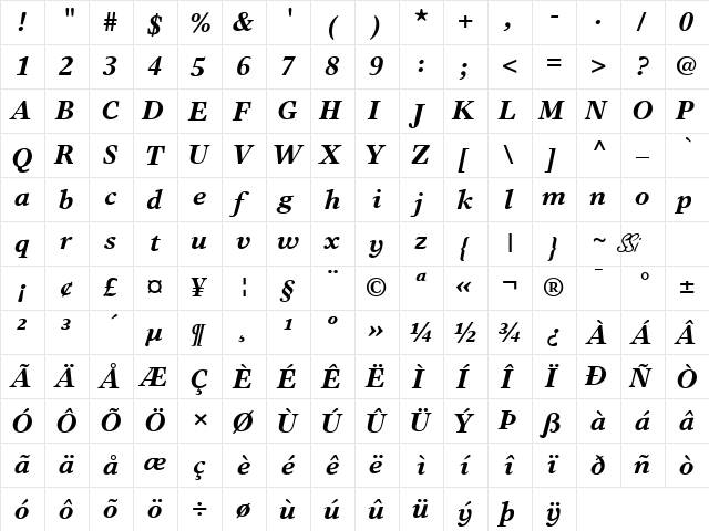 Greco Europa SSi Bold Italic  glyph index