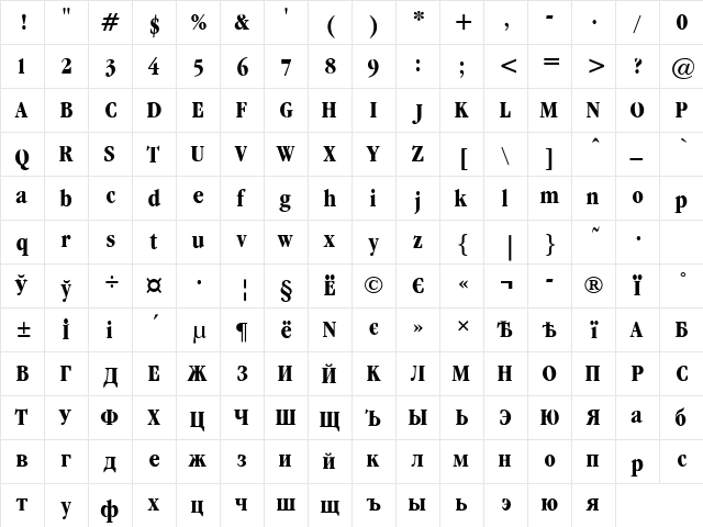Garamond cond Bold  glyph index