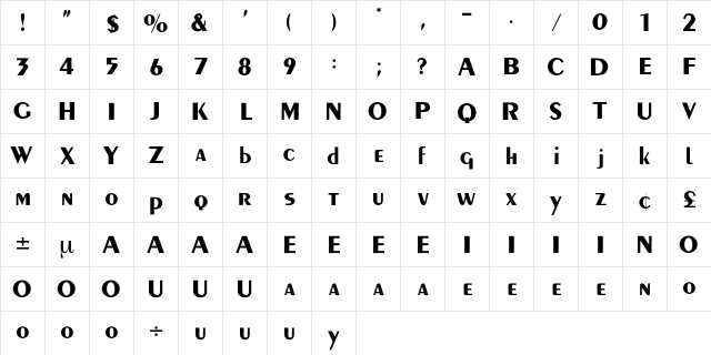 Alberta Regular  glyph index