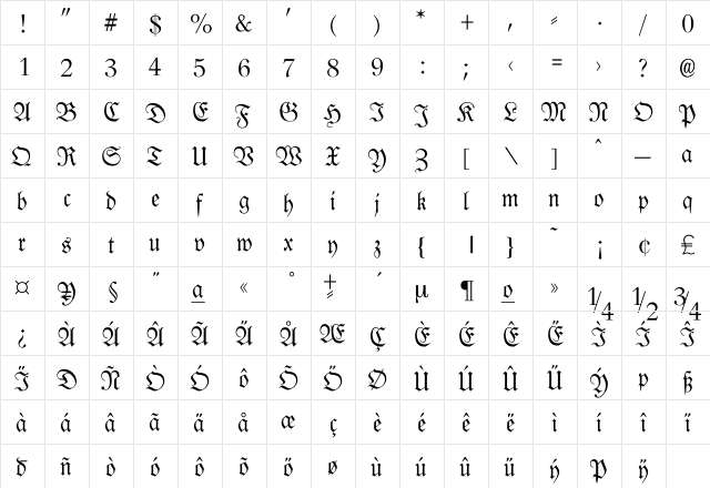 London Fraktura Regular  glyph index