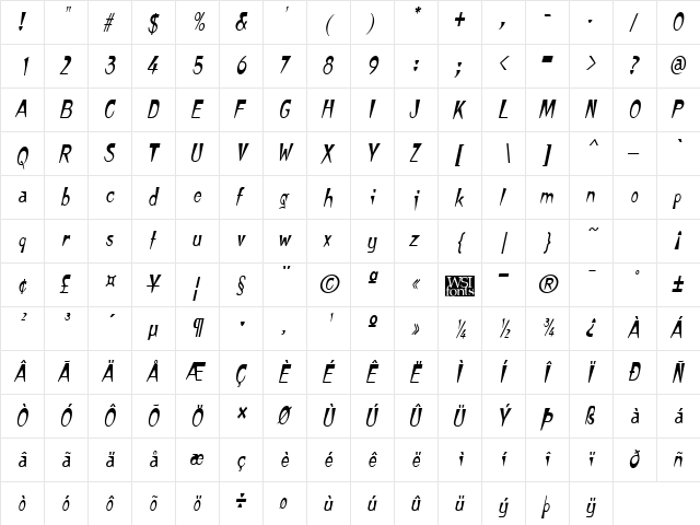 TempuraNarrow kursiv  glyph index