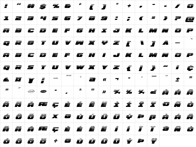 Bummer Halftone Italic Italic  glyph index