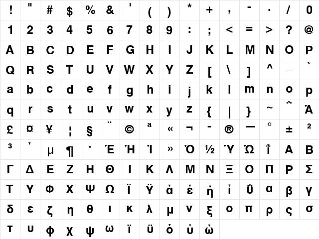 HelveticaGreek Upright Bold  glyph index