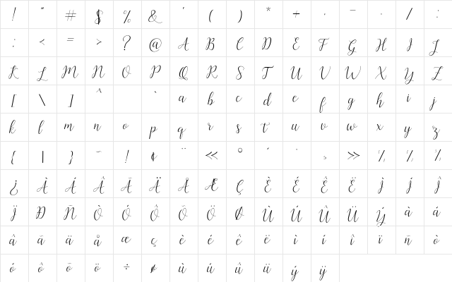 Artilla Script Regular  glyph index