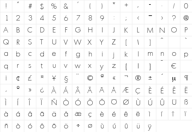 Montreal-Xlight Regular  glyph index
