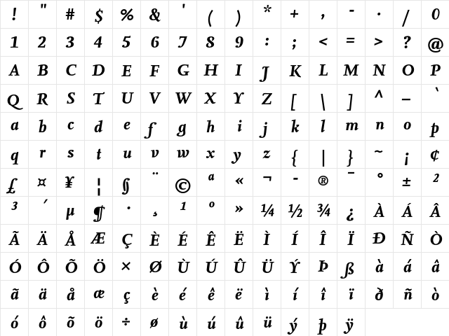 NexusSerifTF-BoldItalic Regular  glyph index