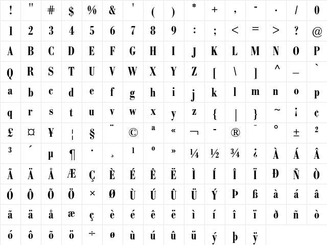 Bodoni BE Medium Condensed  glyph index