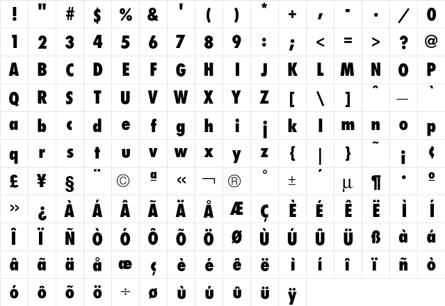 Futura CondExtraBold  glyph index