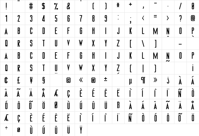T Regular  glyph index