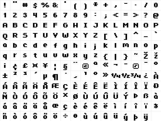 FFF Minitower Bold Regular  glyph index