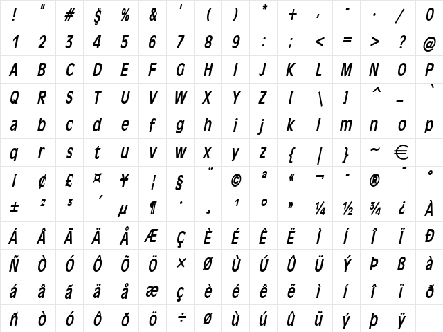 Antiqua101Thin BoldItalic  glyph index