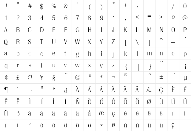 BritannicEFExtraLight Regular  glyph index