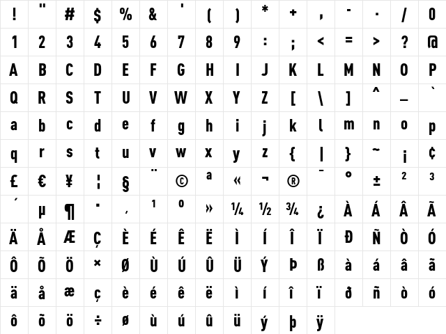 DINCond-Black Regular  glyph index