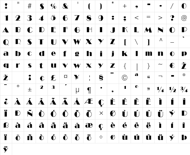 Broadway LT Regular  glyph index