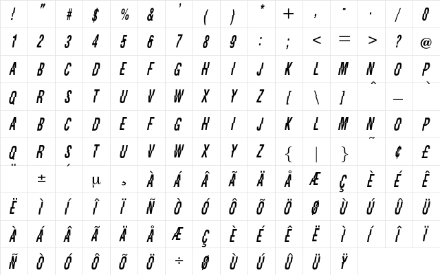 Carrousel Regular  glyph index