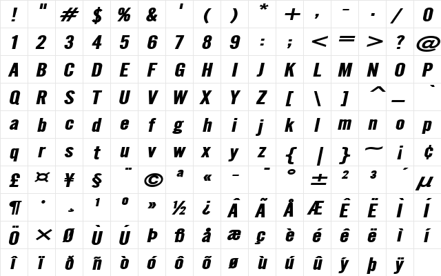 Eng Gothic Extended BoldItalic  glyph index