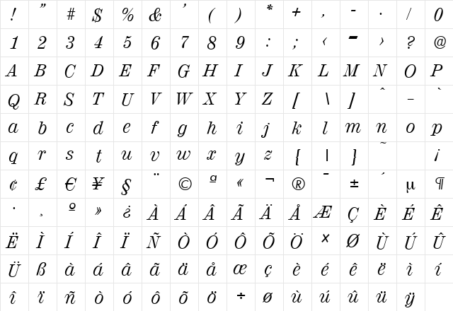 ValenciaSerial Italic  glyph index