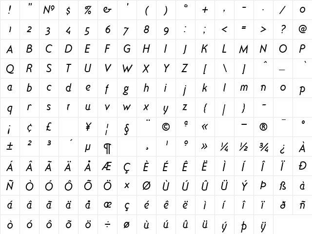 OttomatItalic Regular  glyph index