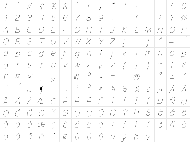Sinkin Sans 100 Thin Italic Regular  glyph index