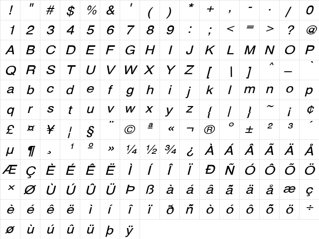 HelveticaExtObl-Normal Regular  glyph index