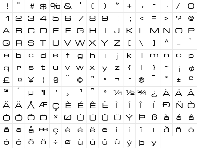 Eurostile Extended #2 Regular  glyph index