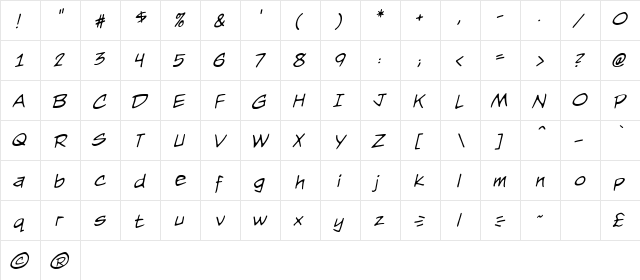 Nightwatcher BB Italic  glyph index