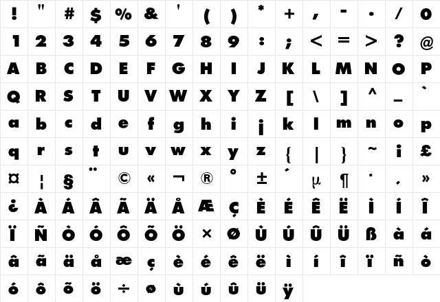 Futura BQ Regular  glyph index