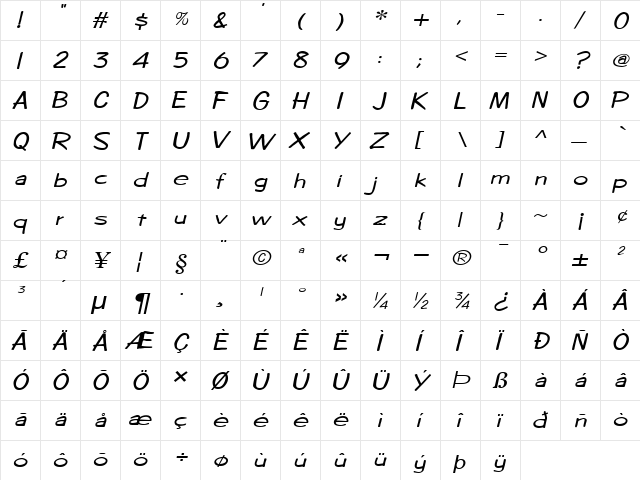 CopybookExtended Italic  glyph index