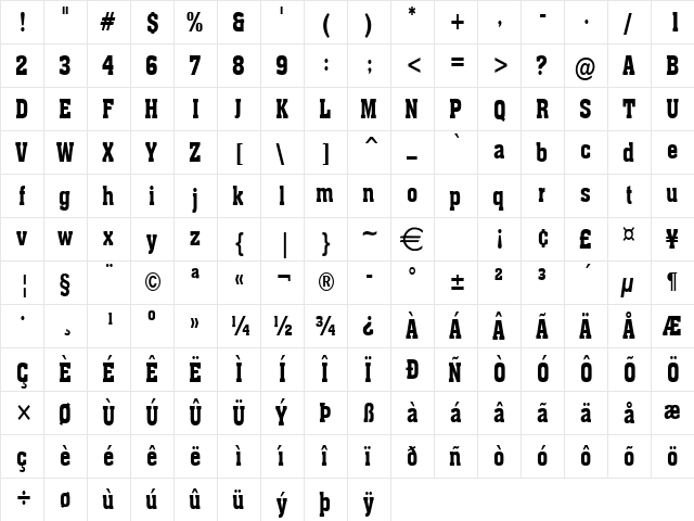 AcheCondensed Bold  glyph index