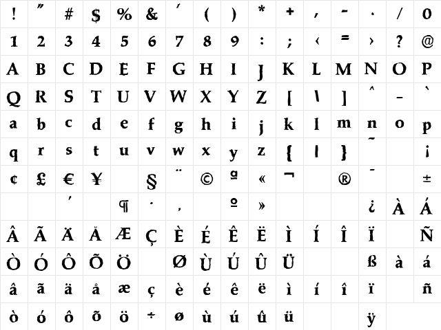 MarathonAntique-Xbold Regular  glyph index