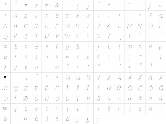 ArcherPro Thin Italic  glyph index