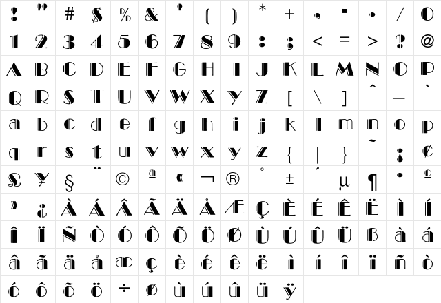 Broadway Engraved  glyph index