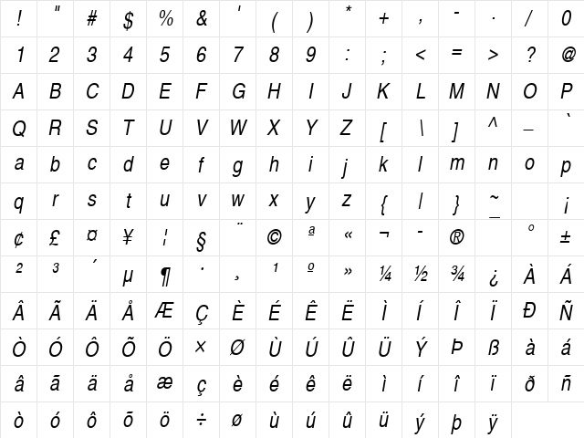 NimbusSanLCon Italic  glyph index