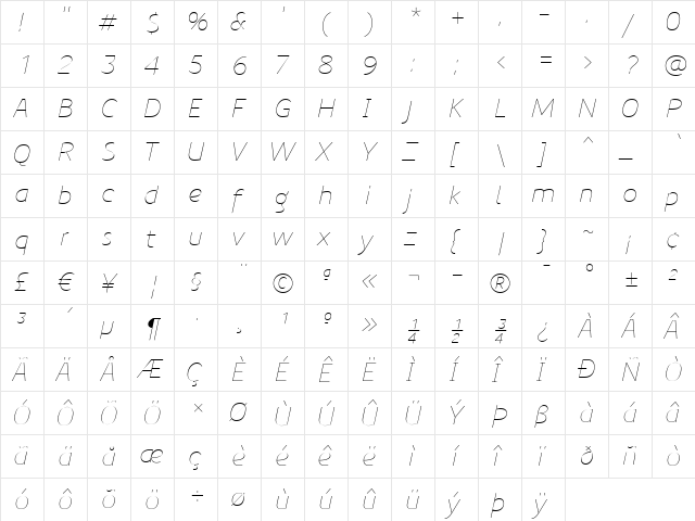 PreciousSans Italic  glyph index