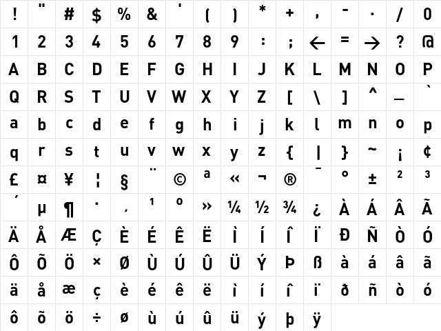 DIN Bold  glyph index