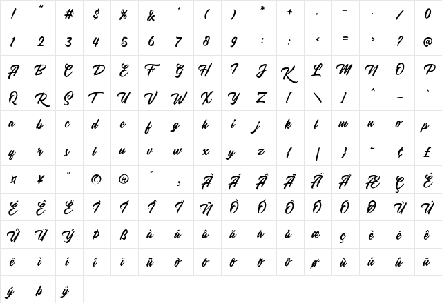 Youther Script Regular  glyph index