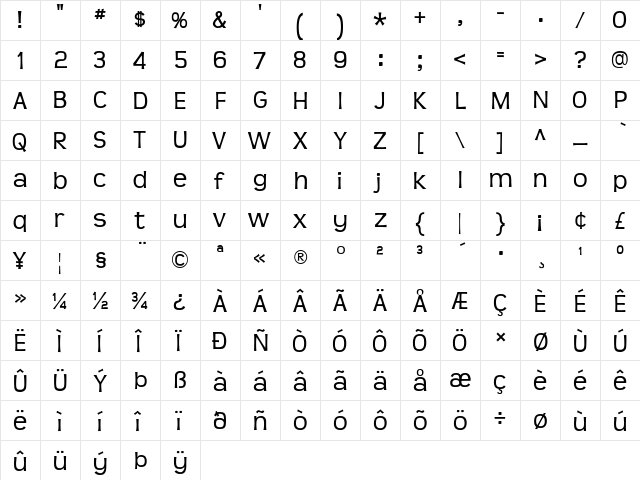 Teen Regular  glyph index