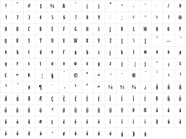 Zeitgeist MT Regular  glyph index