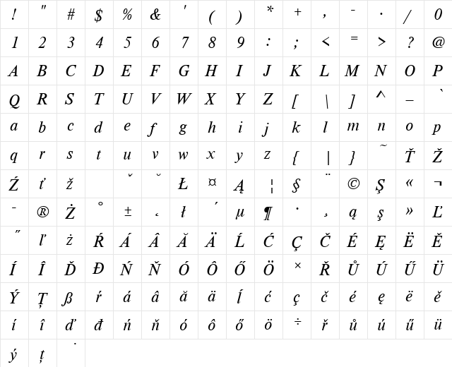 TimelessTEELig Italic  glyph index