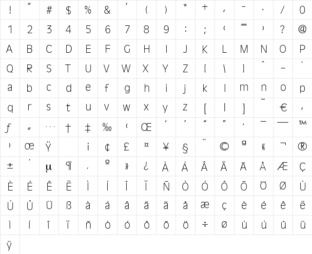 Ravenna-Xlight Regular  glyph index