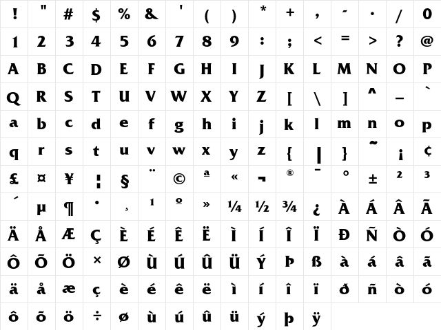 FrizQuadrataEF Bold  glyph index