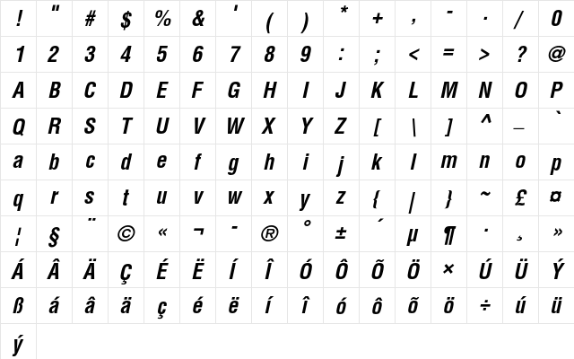 Helvetica CE Bold Condensed Oblique  glyph index
