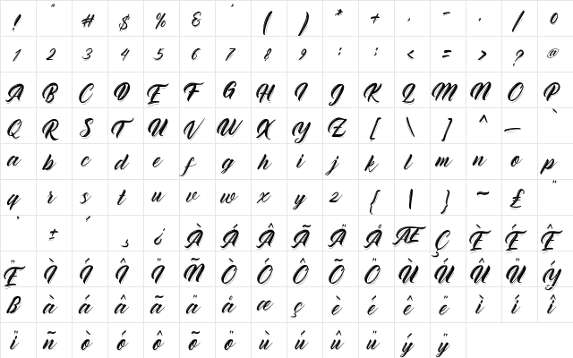 Rhinatta Script Regular  glyph index