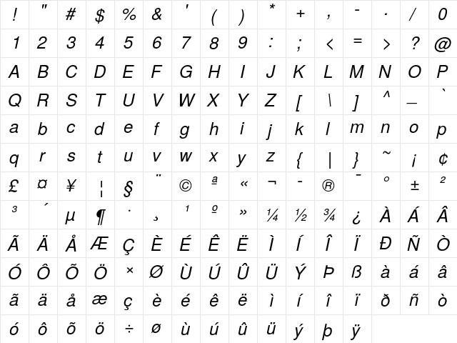 TeX Gyre Heros Italic  glyph index