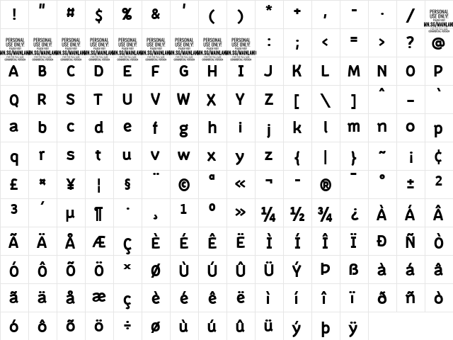Mainland PERSONAL Bold  glyph index