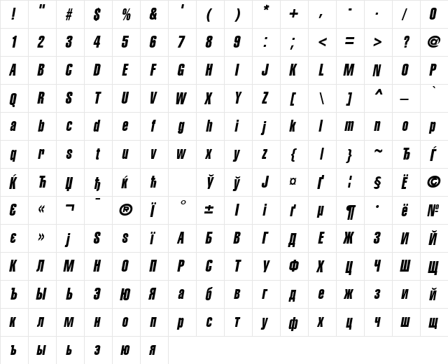 AGLettericaExtraCompressed Oblique  glyph index